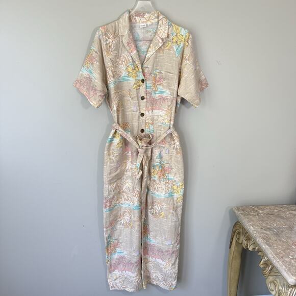 GAP Linen Jumpsuit Womens 8 Beige Tropical Floral Button Front Collared Belted - Picture 8 of 8